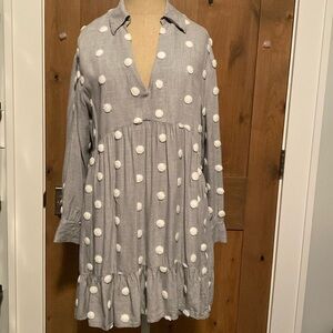 Zara | Contrast Polka Dot Ruffled Mini Dress Womens L Terrycloth Pom Poms Beach